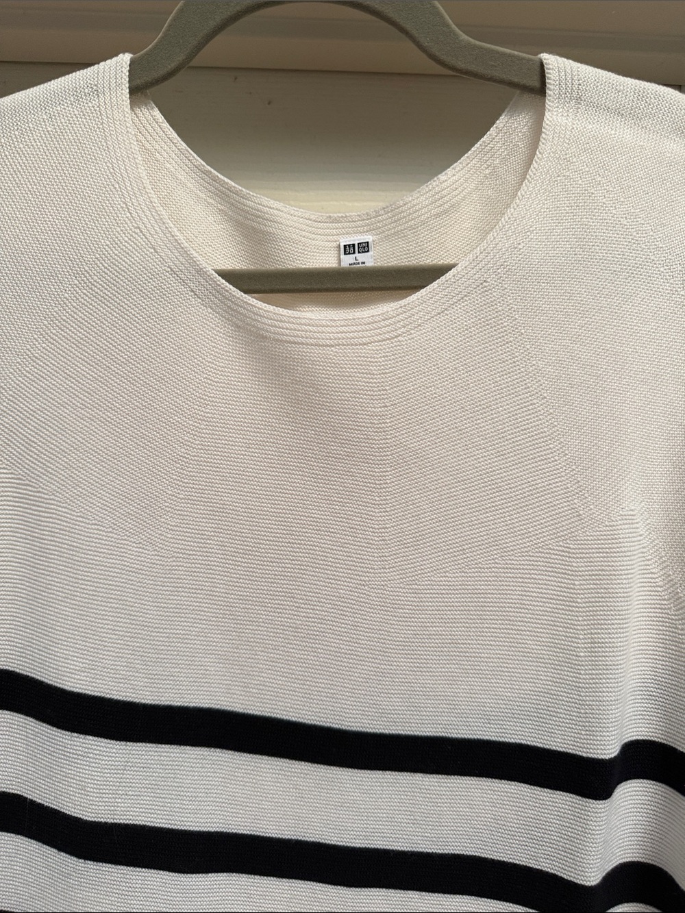Uniqlo 3D Knit Cotton Sweater White/Black Stripes Sz L - Picture 2 of 7
